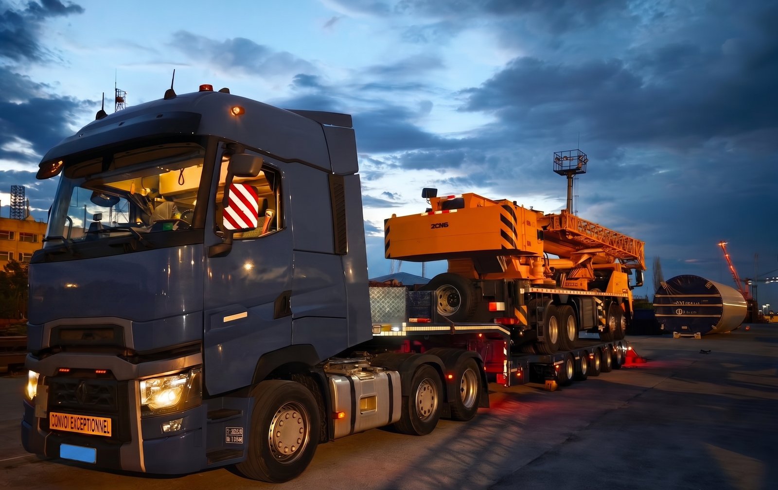 Негабаритне перевезення автокрана XCMG на тралі з табличкою CONVOI EXCEPTIONNEL у порту в сутінках